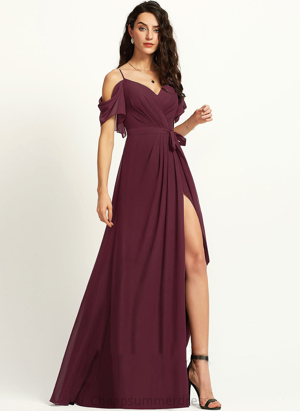 Length Floor-Length Fabric Silhouette V-neck Neckline A-Line Embellishment SplitFront Ruffle Kassandra Floor Length