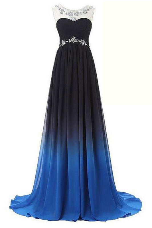 Ombre A Line Brush Train Sheer Neck Sleeveless Open Back Beading Prom Dresses