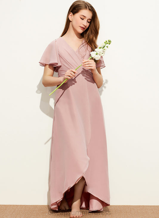 With V-neck Asymmetrical Ruffle Chiffon Savanna Junior Bridesmaid Dresses A-Line