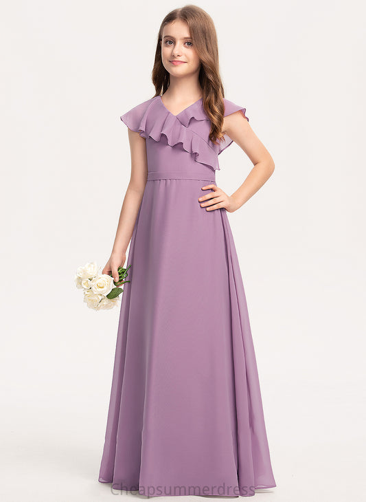 With Junior Bridesmaid Dresses Sanai V-neck A-Line Floor-Length Ruffles Bow(s) Chiffon Cascading