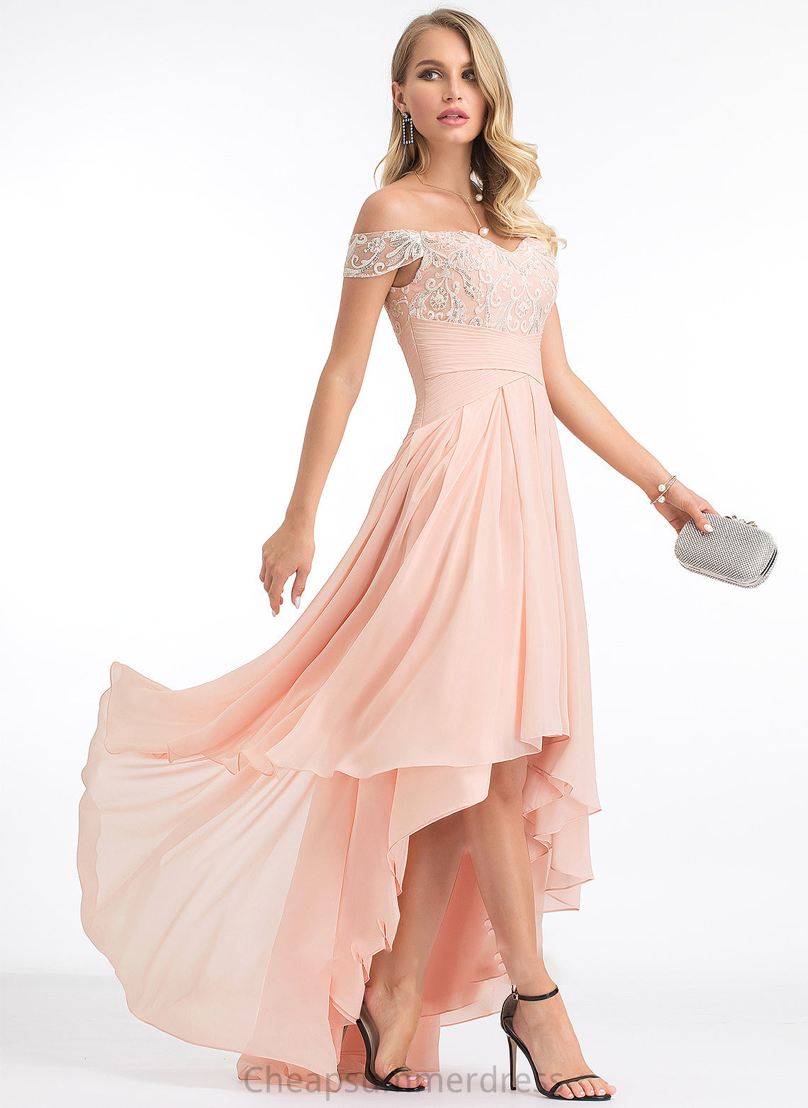 Prom Dresses A-Line Chiffon Asymmetrical With Off-the-Shoulder Madeline Sequins