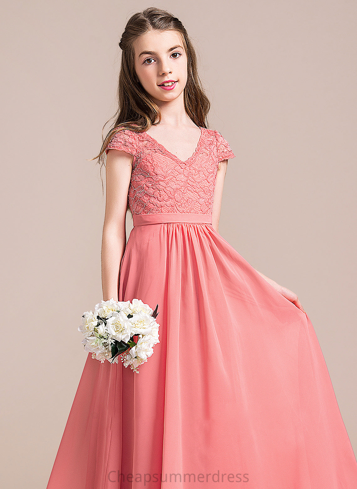 V-neck Chiffon Paulina Junior Bridesmaid Dresses A-Line Floor-Length Lace