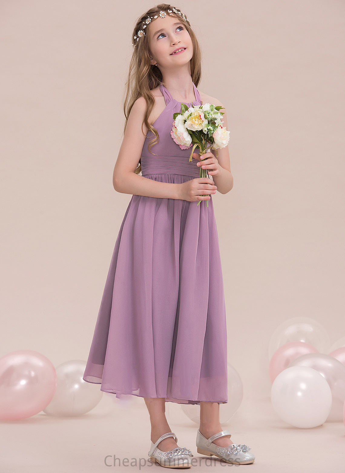 Halter Tea-Length A-Line Ayanna With Ruffle Junior Bridesmaid Dresses Chiffon