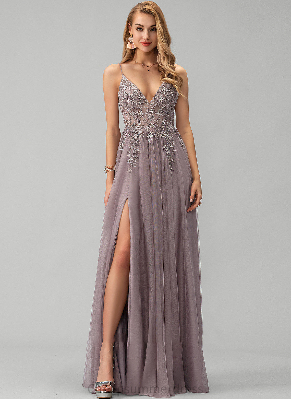 Floor-Length Prom Dresses With Tulle Lace Crystal Sequins Beading Ball-Gown/Princess V-neck Front Split