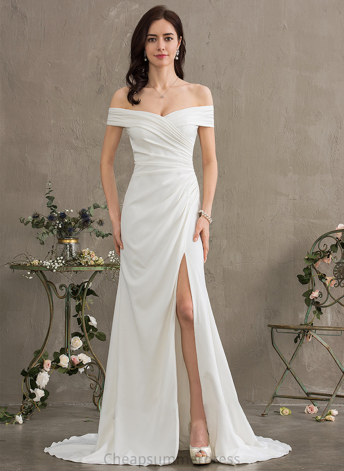 Off-the-Shoulder Annie Sweep Dress Split With Train Crepe Stretch Ruffle Front Sheath/Column Wedding Wedding Dresses