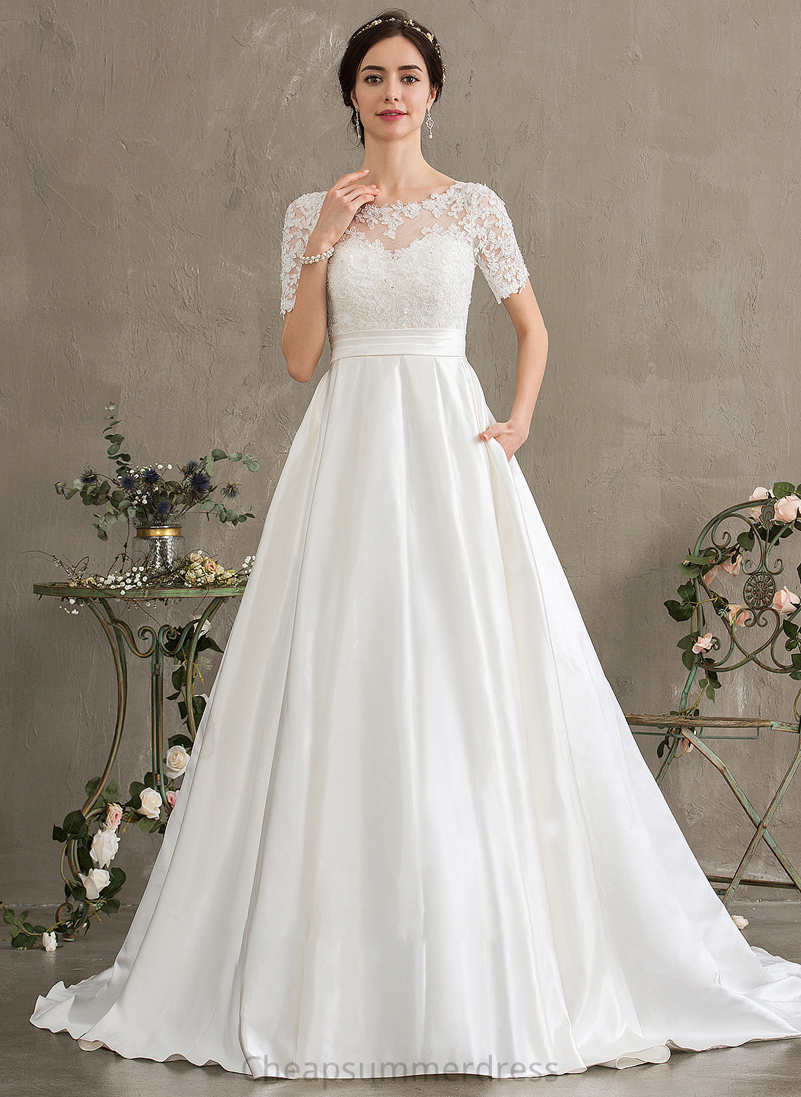 Court Sequins Train Dress Kimberly Wedding With Scoop Satin Wedding Dresses Pockets Ball-Gown/Princess Neck Beading