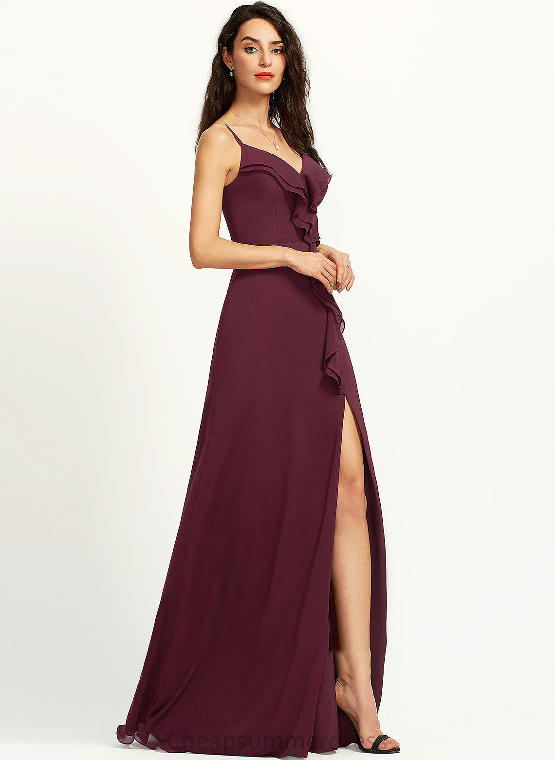 Neckline Silhouette Embellishment Length SplitFront Floor-Length Sheath/Column V-neck Fabric Ruffle Hailey Natural Waist