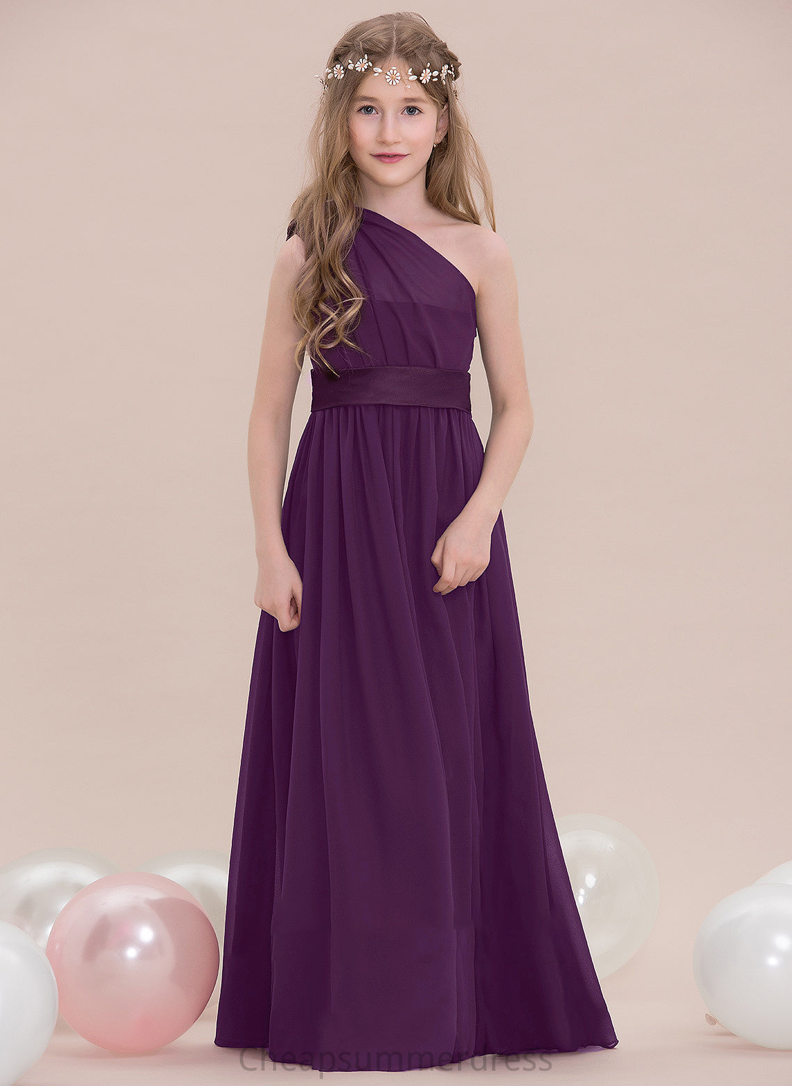 Adelyn Floor-Length One-Shoulder A-Line Ruffle Junior Bridesmaid Dresses With Chiffon