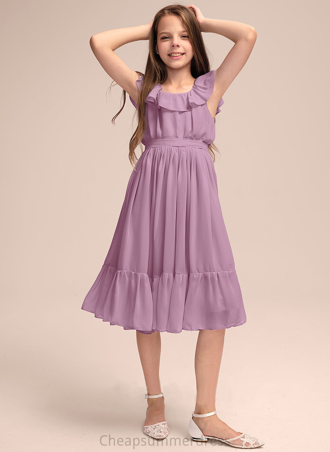 Knee-Length Ruffles Bow(s) A-Line Lorna With Neck Chiffon Junior Bridesmaid Dresses Scoop Cascading