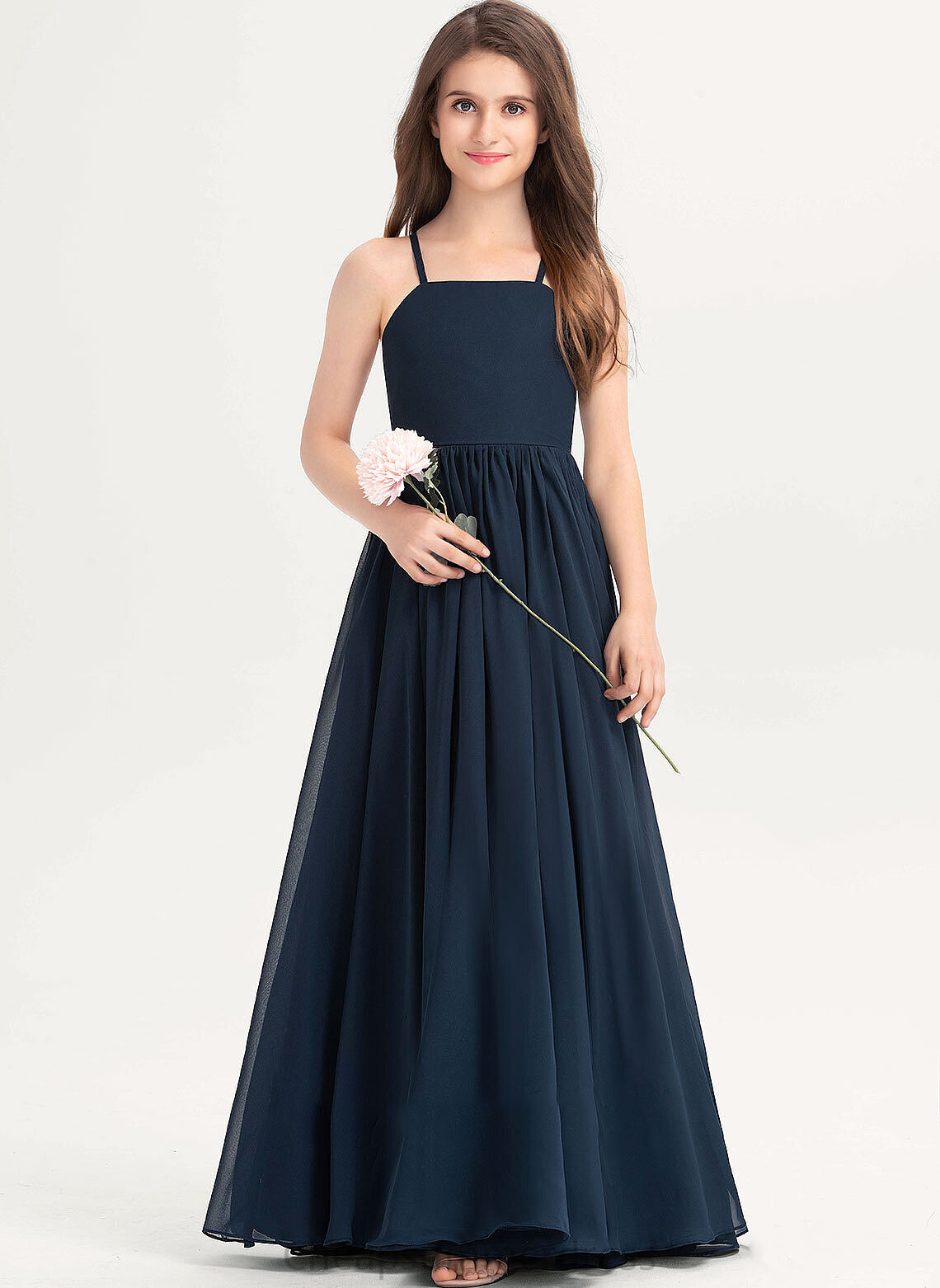 A-Line Junior Bridesmaid Dresses With Floor-Length Simone Bow(s) Neckline Square Chiffon