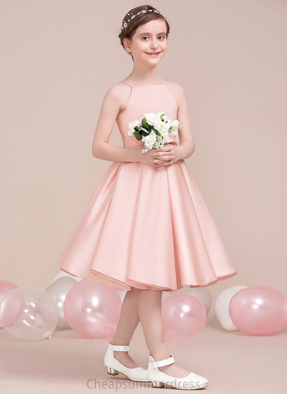 A-Line With Bow(s) Knee-Length Satin Square Jaliyah Neckline Junior Bridesmaid Dresses