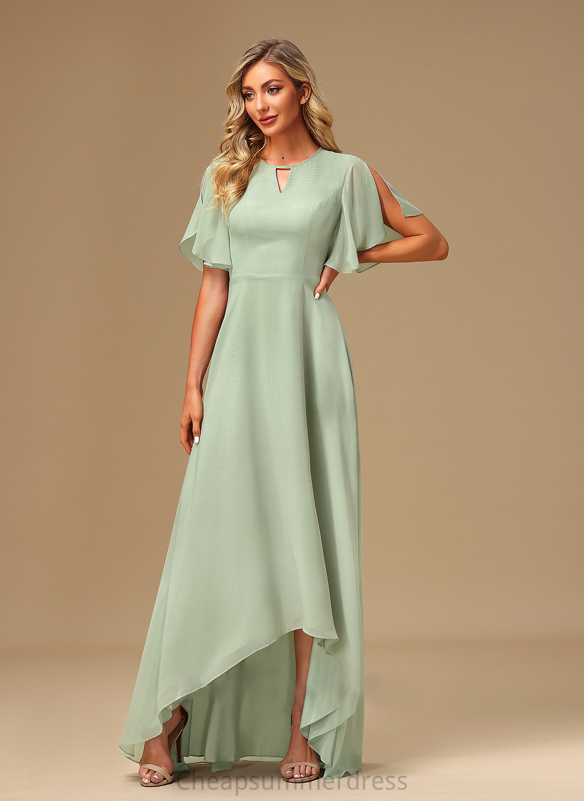 Asymmetrical Fabric Length A-Line Silhouette Ruffle Embellishment Straps Mia Natural Waist Floor Length A-Line/Princess