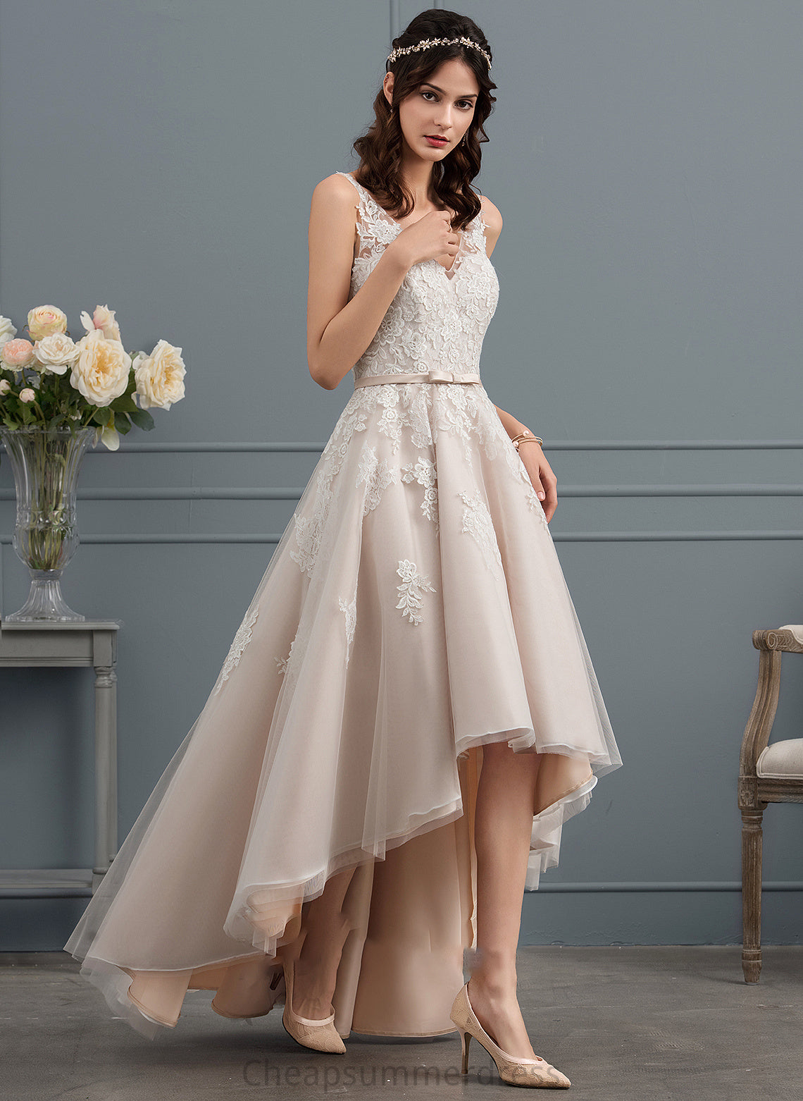 Lace Dress Iliana Tulle A-Line V-neck Bow(s) Wedding Dresses With Asymmetrical Wedding