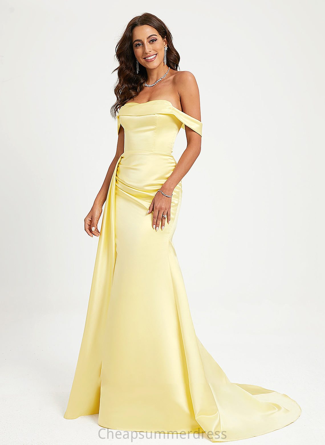 Sweep Alaina Ruffle Off-the-Shoulder Train Trumpet/Mermaid With Prom Dresses Satin