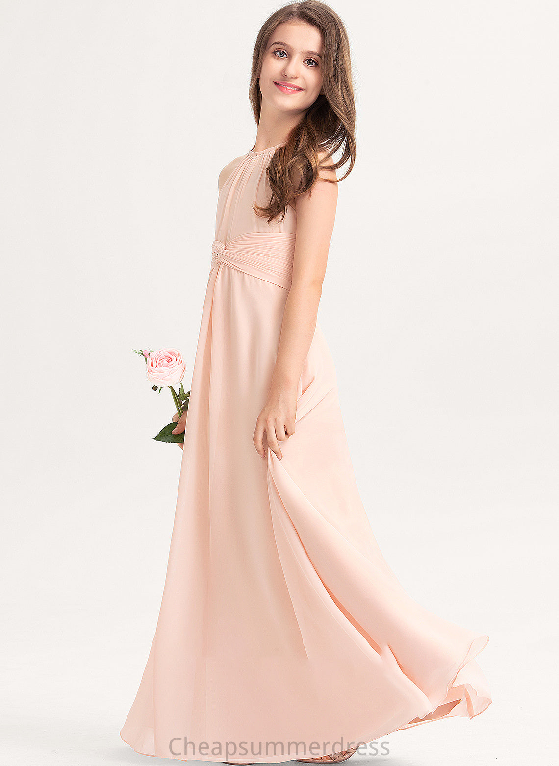 Junior Bridesmaid Dresses Neck Ruffle With Floor-Length Chiffon A-Line Scoop Kianna