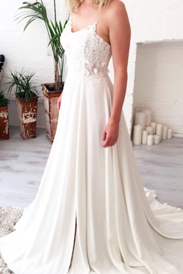 A Line Sweep Train Sweetheart Spaghetti Side Slit Appliques Beach Wedding Dresses