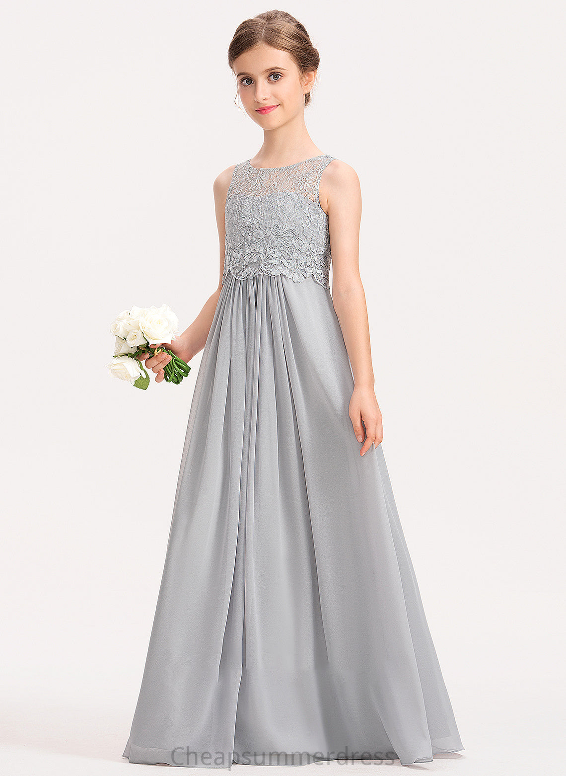 Lace Scoop Neck Edith A-Line Chiffon Floor-Length Junior Bridesmaid Dresses