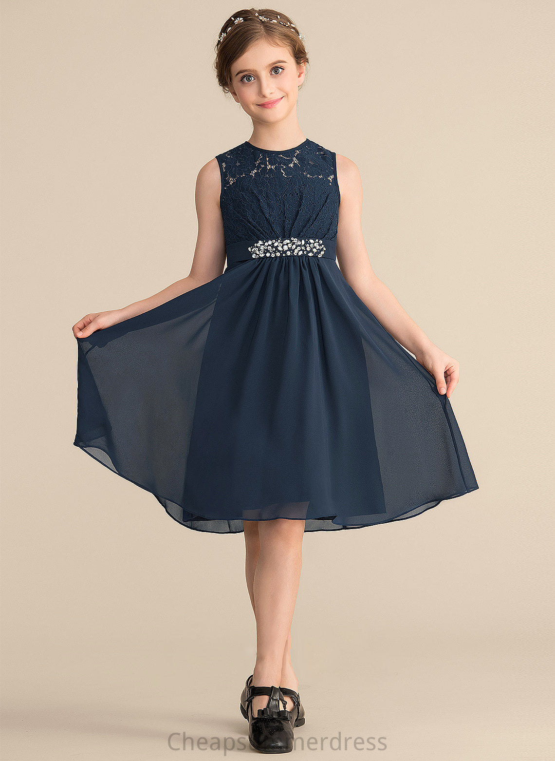 Chiffon Beading Scoop Sequins Haleigh Lace With Junior Bridesmaid Dresses Neck Bow(s) A-Line Knee-Length