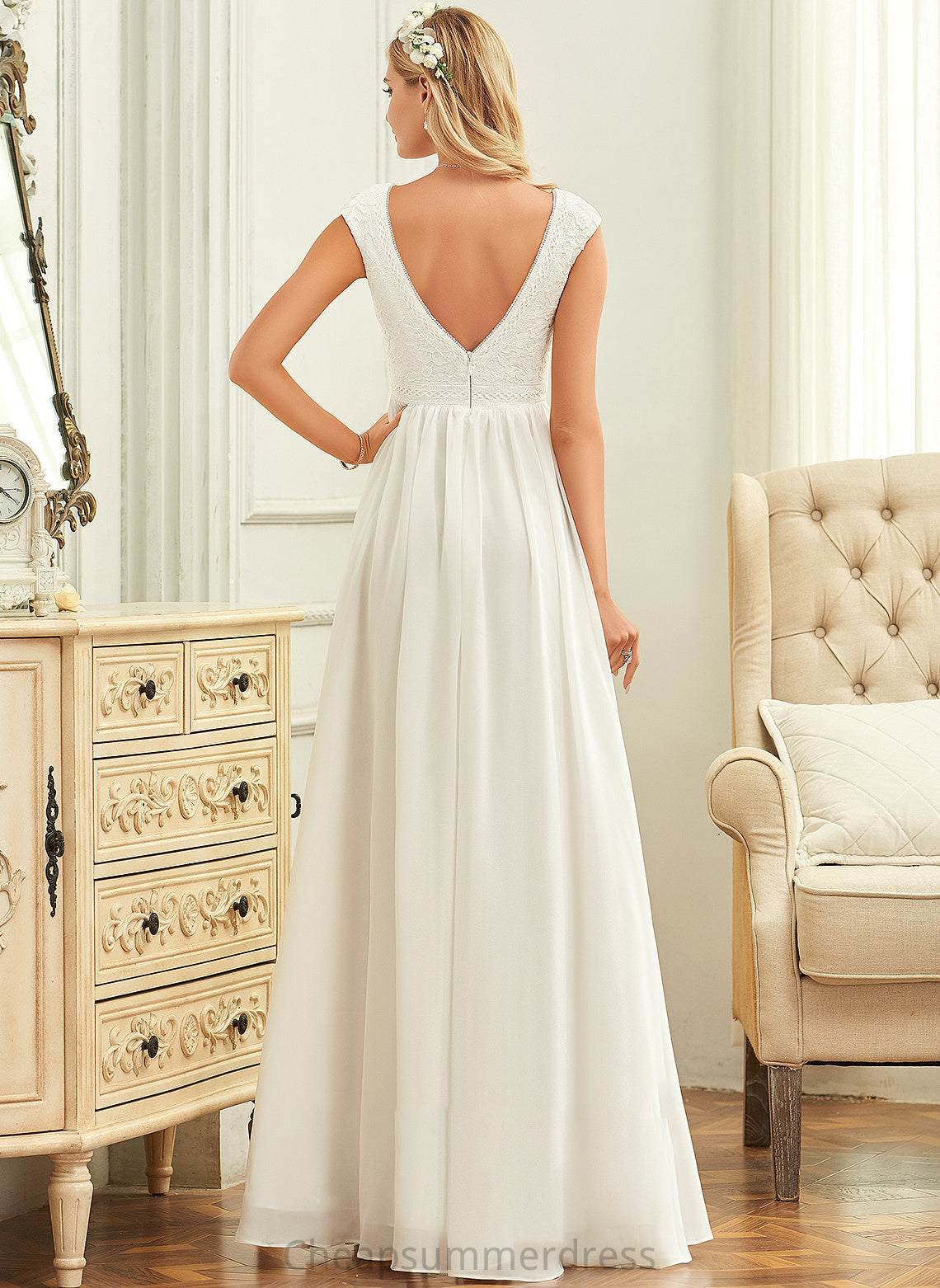 Chiffon Shea Wedding Dresses V-neck A-Line Wedding Floor-Length Lace Dress