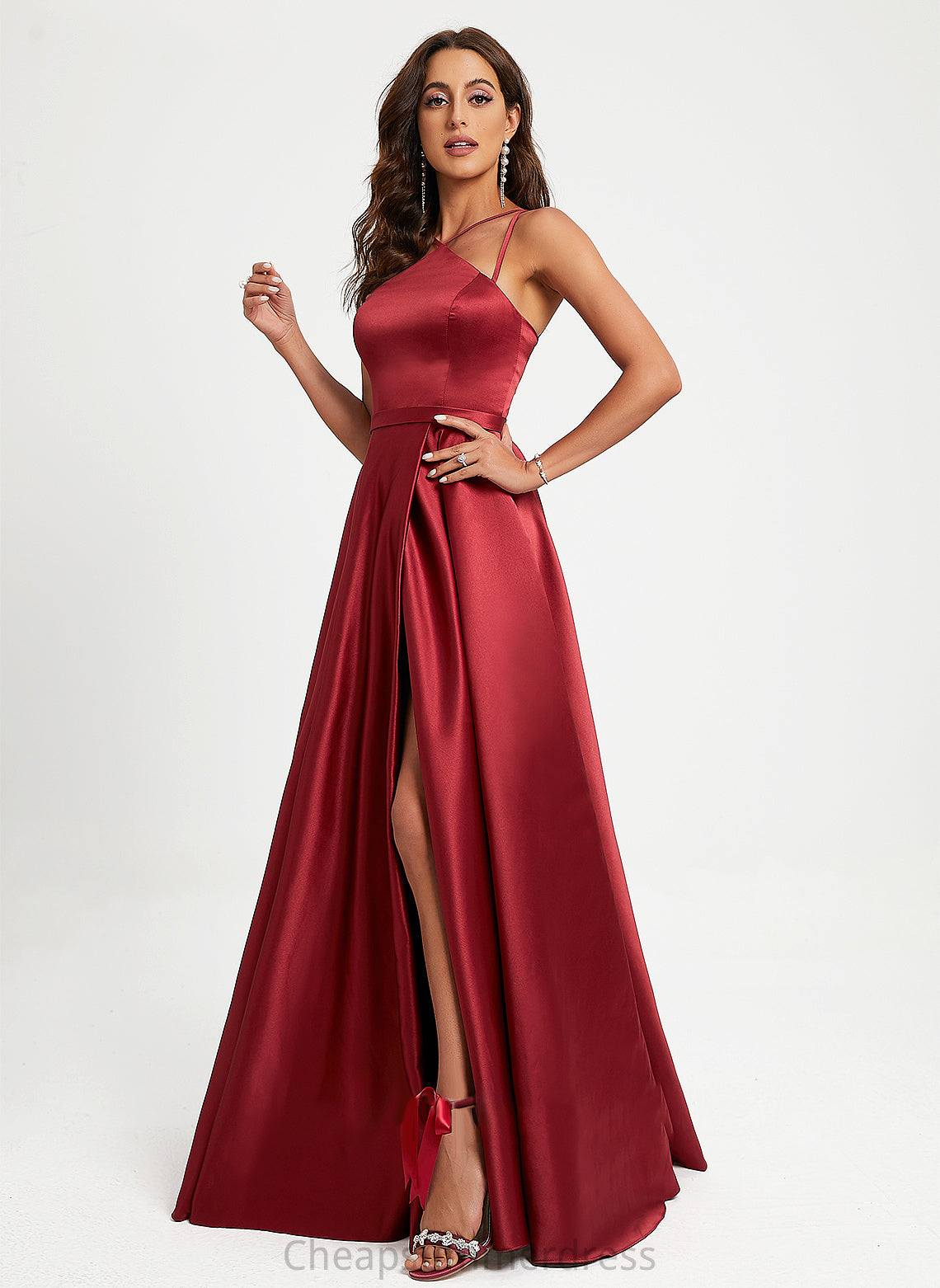 A-Line Floor-Length Natalie Satin Halter Prom Dresses