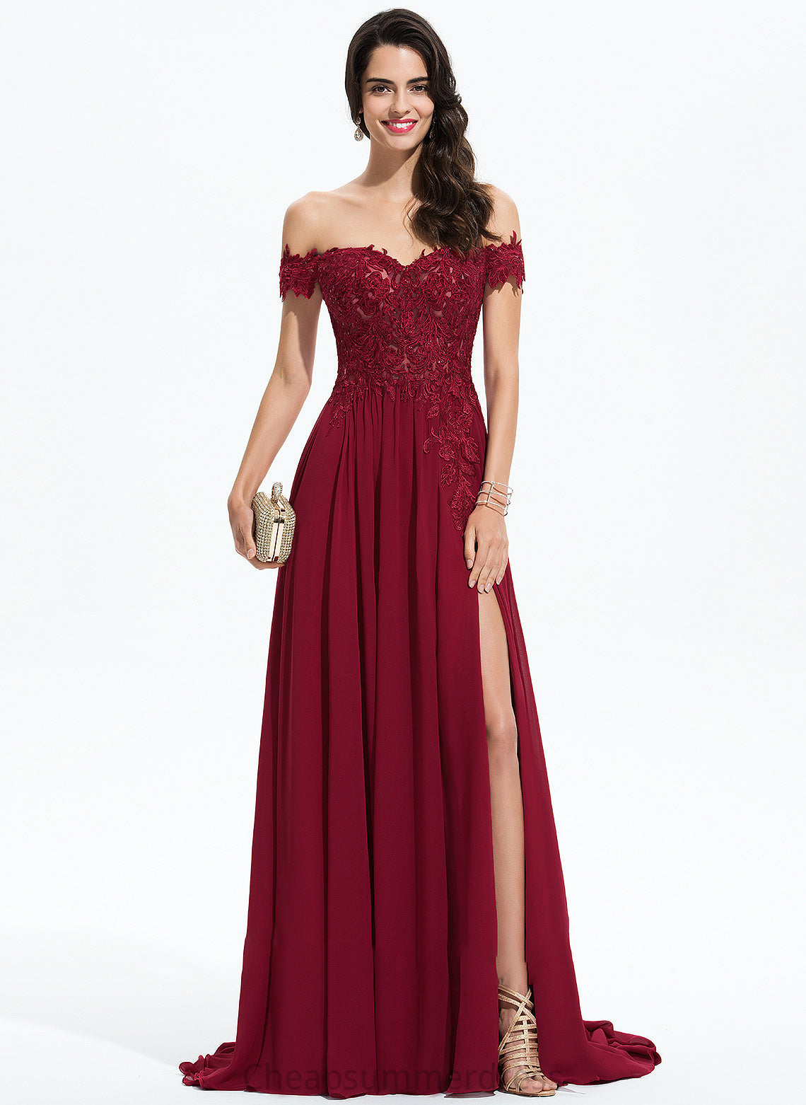 A-Line Sweep Cailyn Lace Off-the-Shoulder Train With Sequins Prom Dresses Chiffon