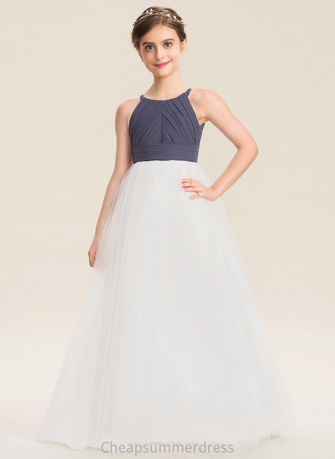 Scoop Junior Bridesmaid Dresses With Chiffon A-Line Tulle Cheryl Ruffle Floor-Length Neck