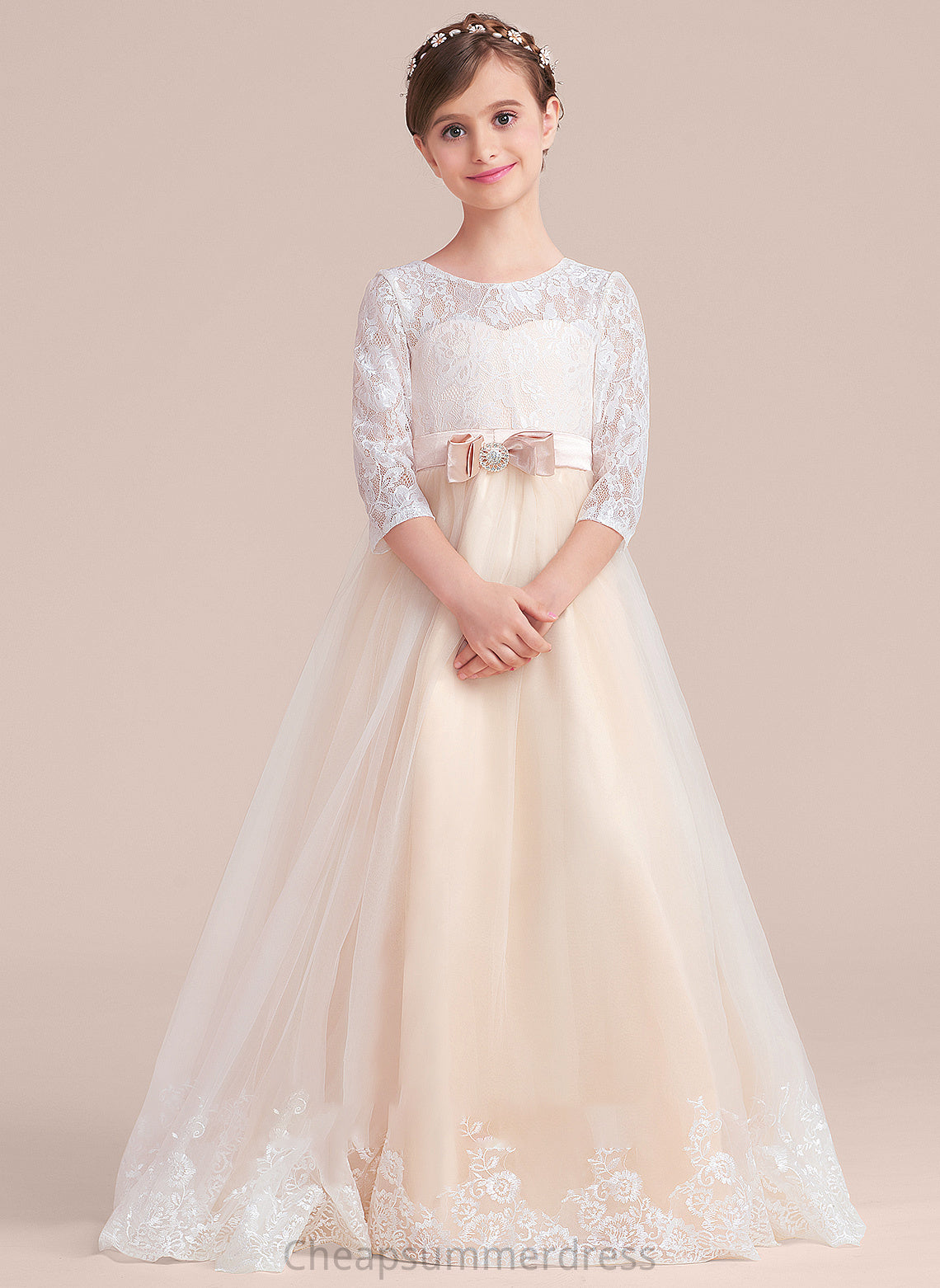 Ball-Gown/Princess Scoop Kamari With Floor-Length Junior Bridesmaid Dresses Lace Sash Beading Tulle Bow(s) Neck