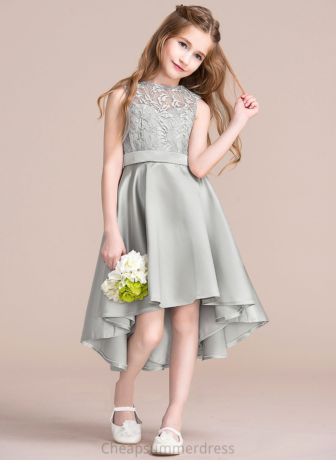 A-Line Asymmetrical Junior Bridesmaid Dresses Christine Scoop Satin Neck