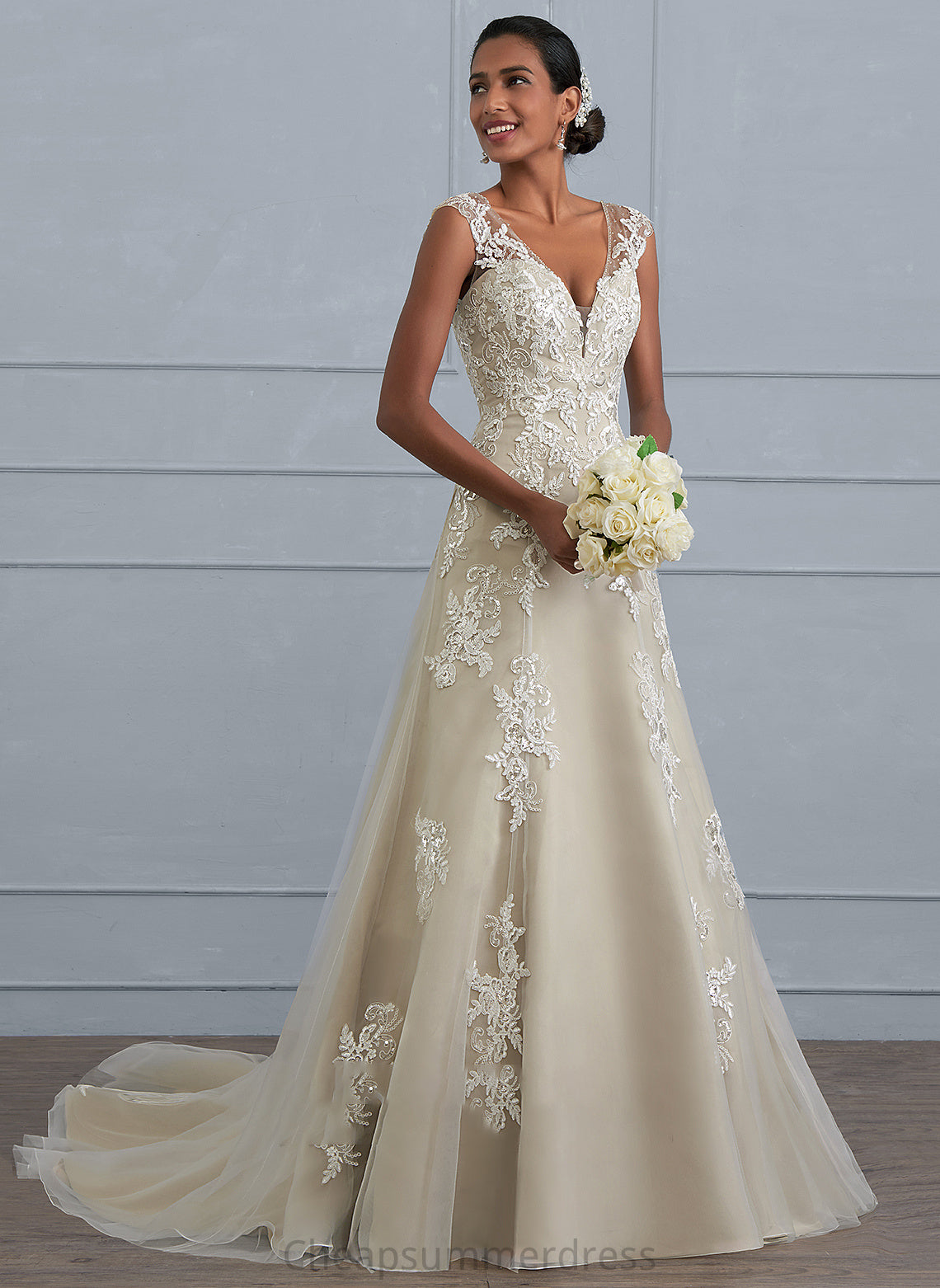 Sequins Court Lace Dress Train Wedding Dresses Beading With V-neck A-Line Wedding Nicole Tulle