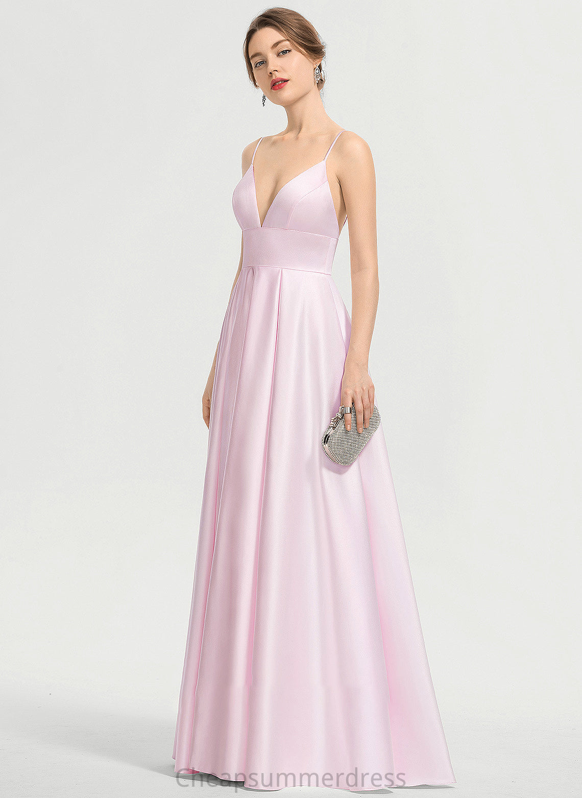 Prom Dresses V-neck Satin Pockets A-Line Floor-Length With Lisa