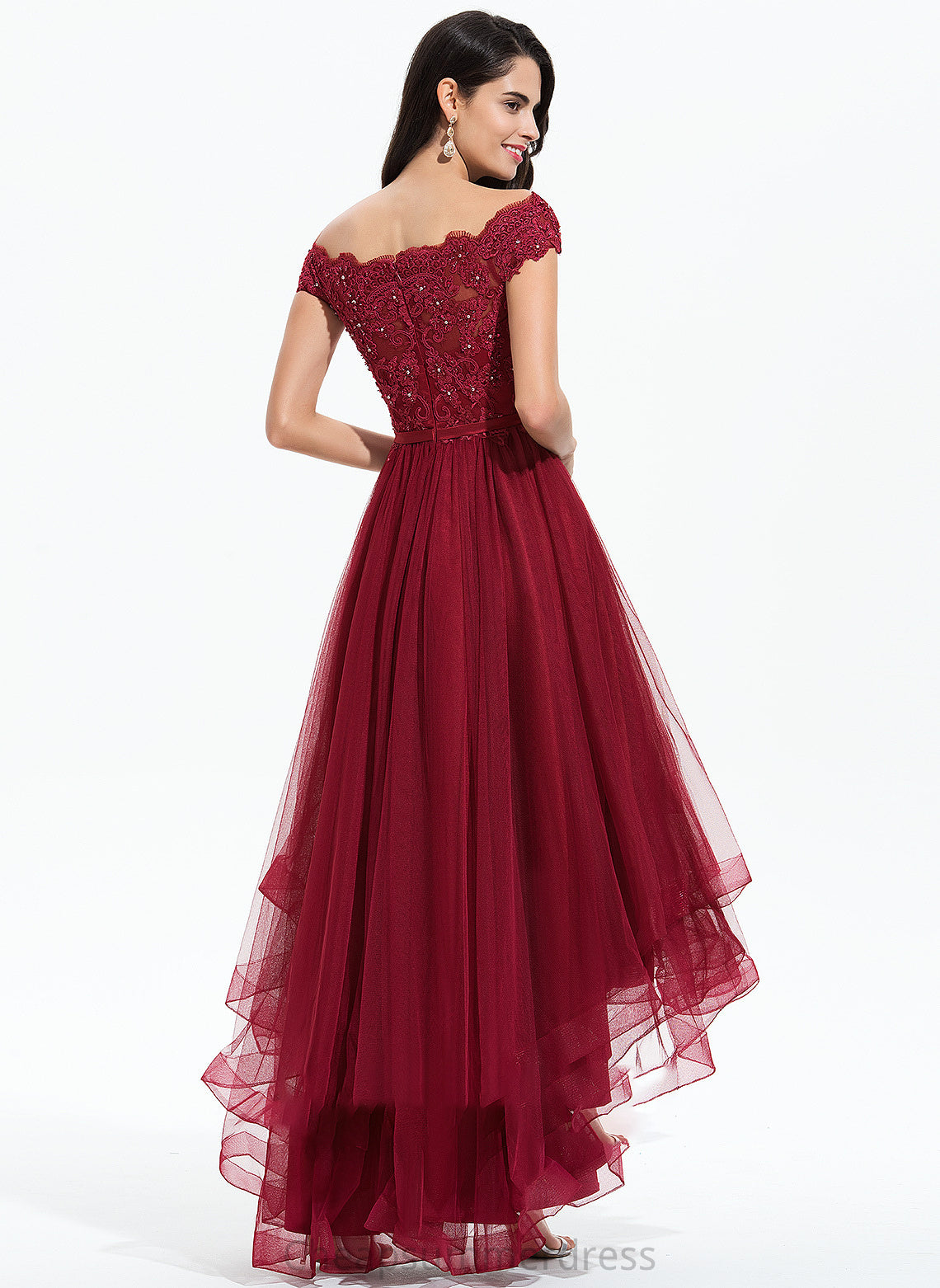 Prom Dresses Beading Brylee Bow(s) Asymmetrical Tulle Sequins With Ball-Gown/Princess Off-the-Shoulder