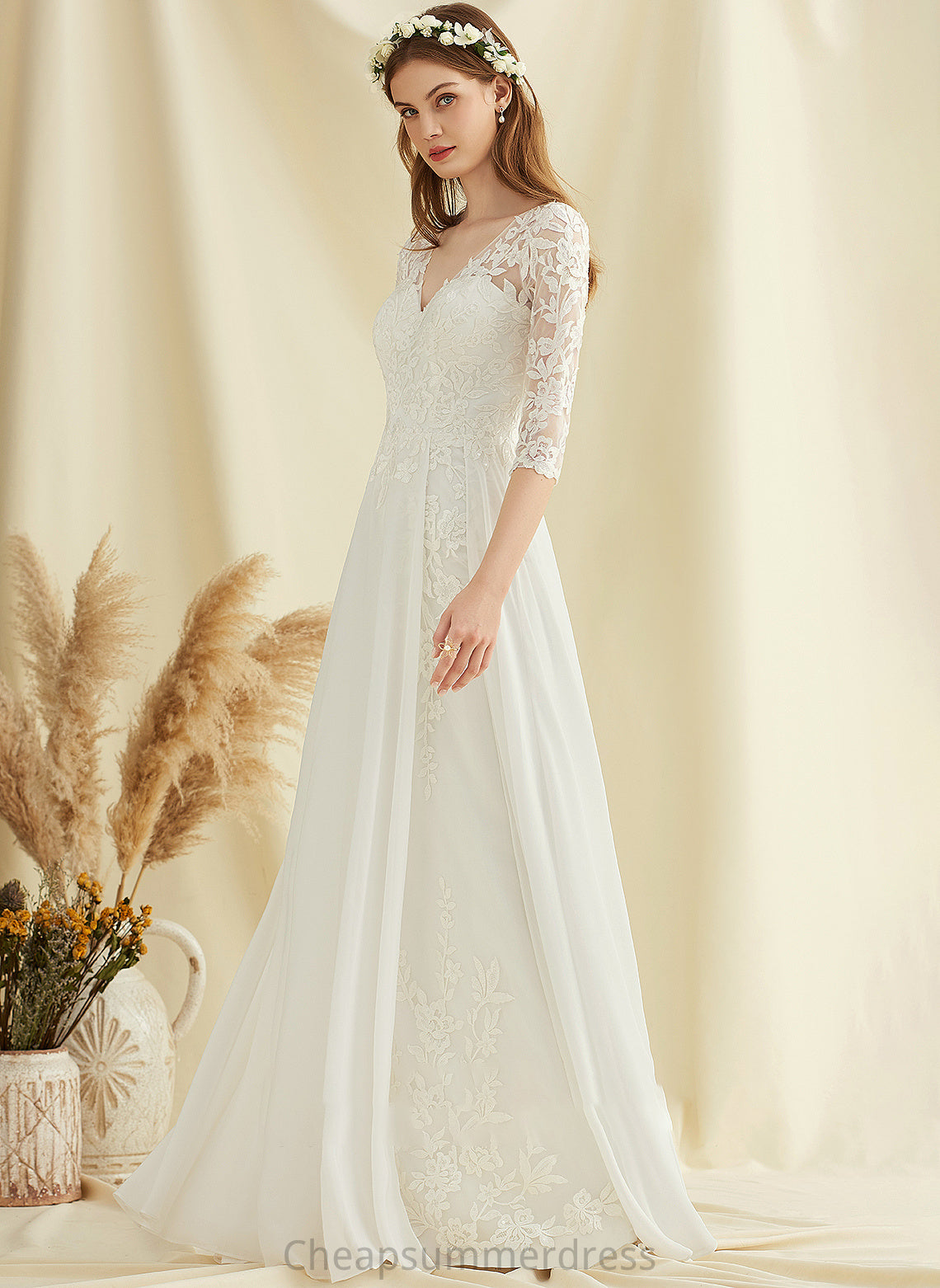 A-Line Lace Mckenzie V-neck Floor-Length Chiffon Wedding Dress Wedding Dresses