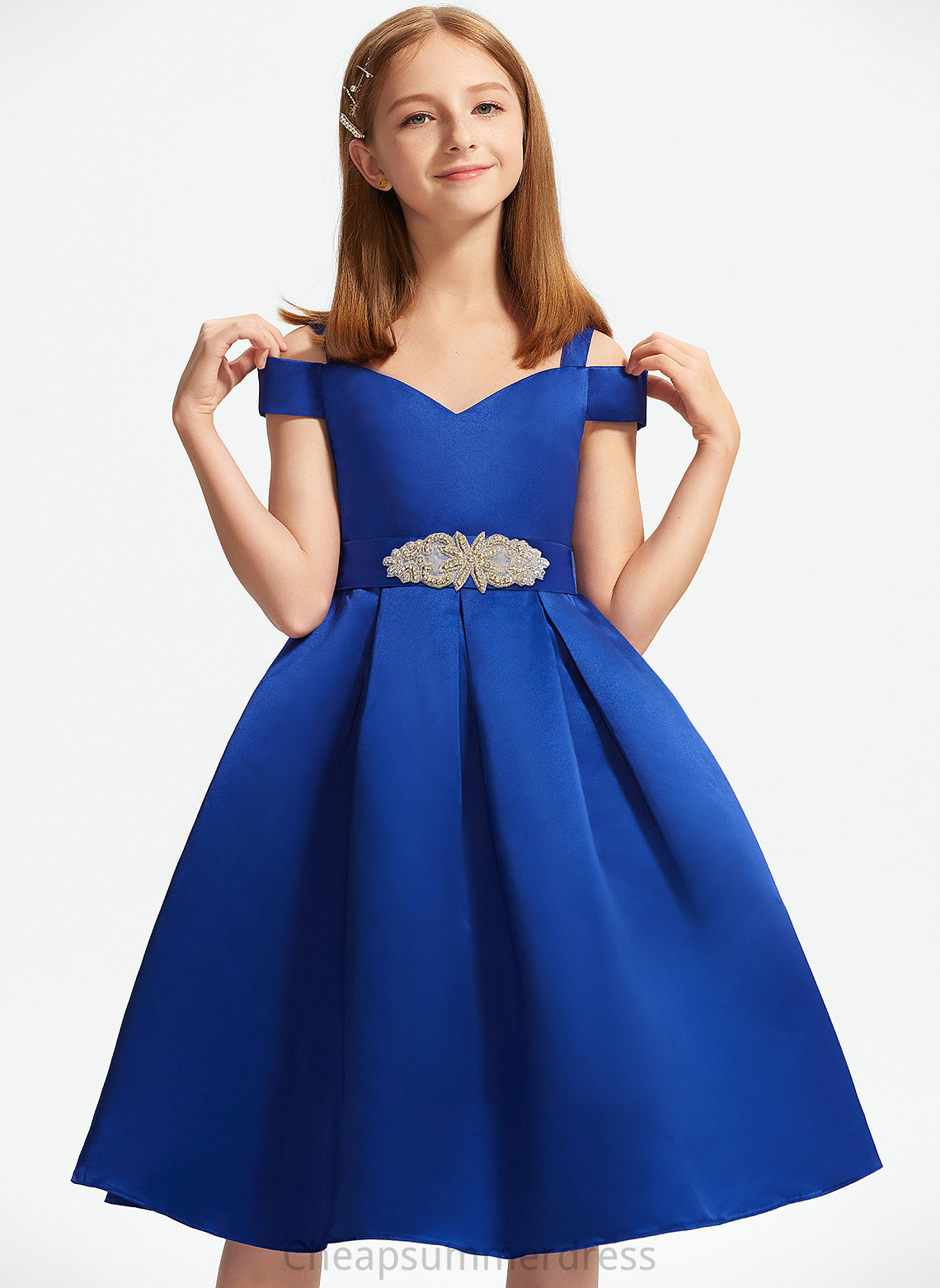 A-Line Junior Bridesmaid Dresses Bow(s) Breanna Off-the-Shoulder Satin Beading With Knee-Length