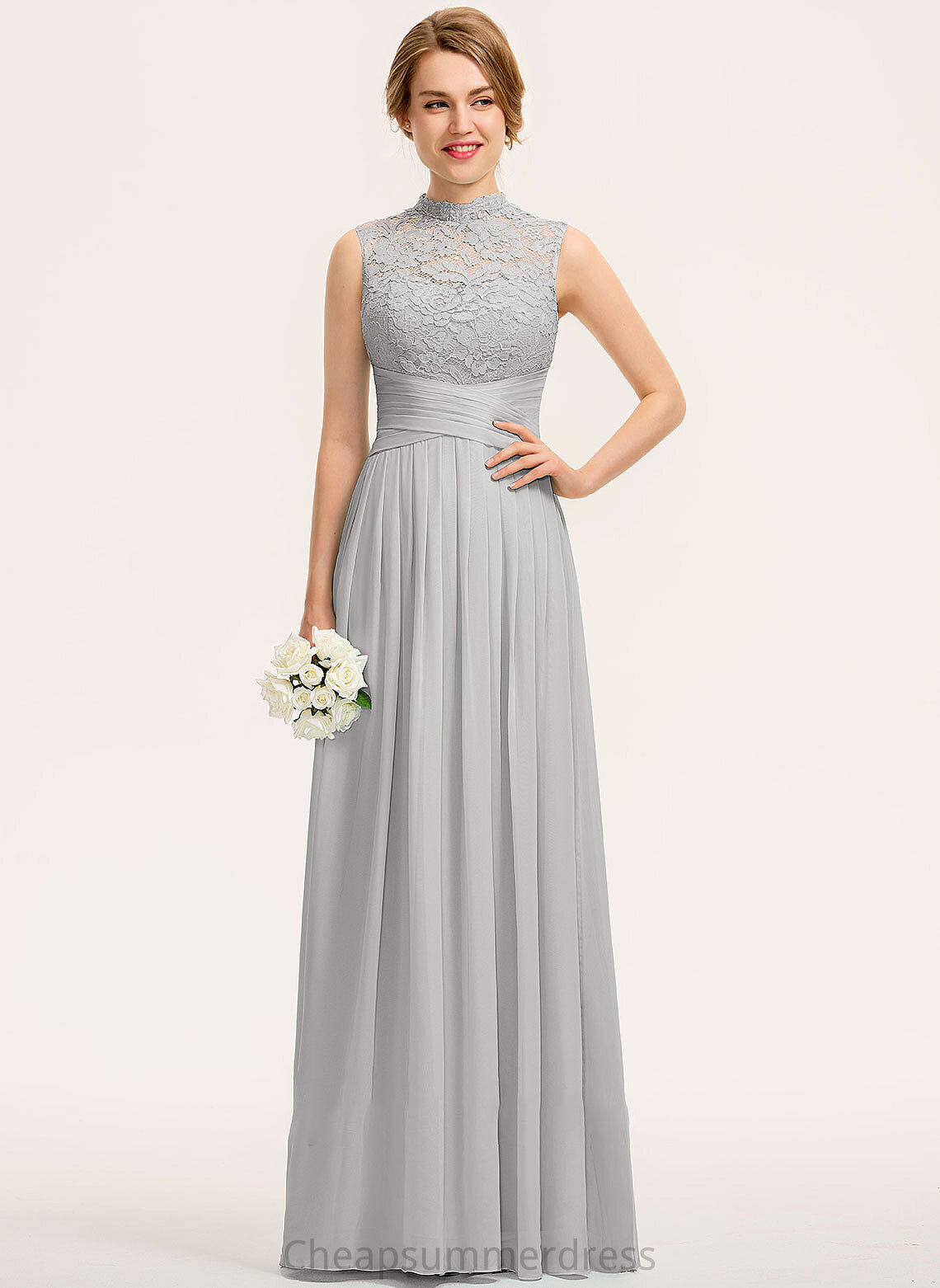 HighNeck Ruffle Fabric Neckline A-Line Embellishment Floor-Length Length Silhouette Shannon A-Line/Princess Natural Waist