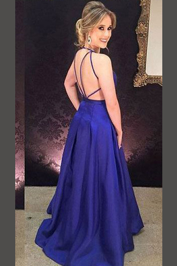 Royal Blue Floor Length Deep V Neck Sleeveless Backless Prom Dresses