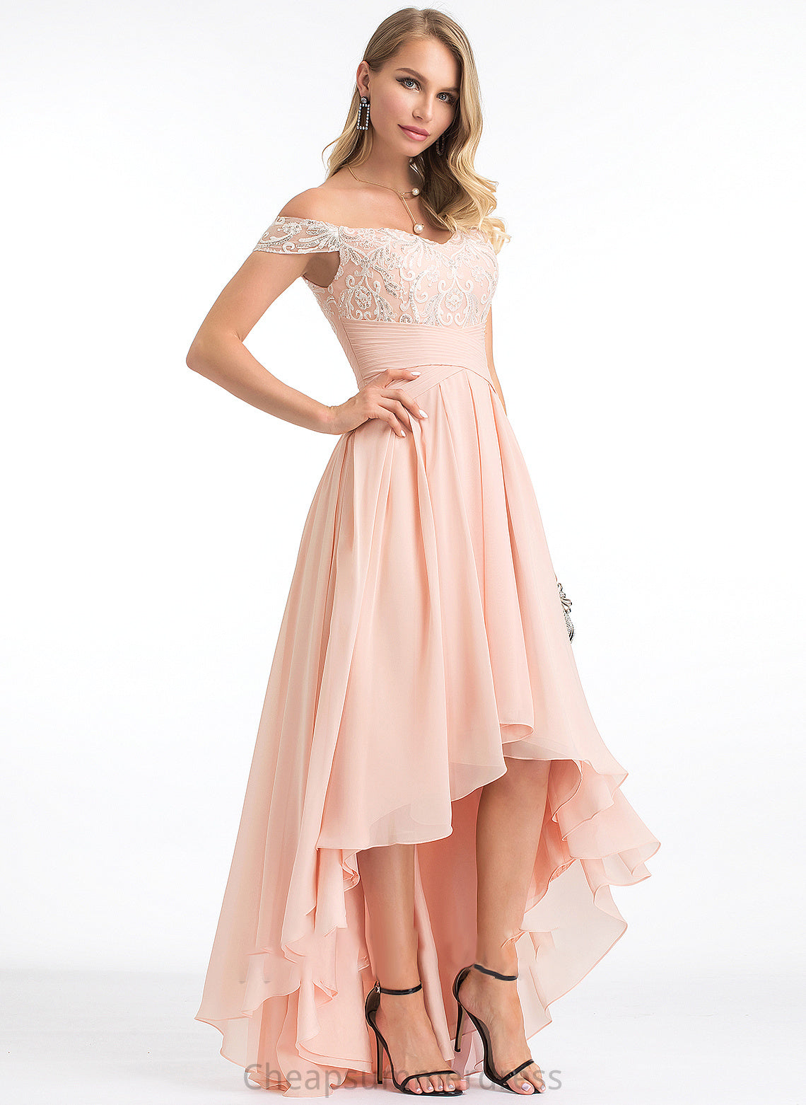 Prom Dresses A-Line Chiffon Asymmetrical With Off-the-Shoulder Madeline Sequins