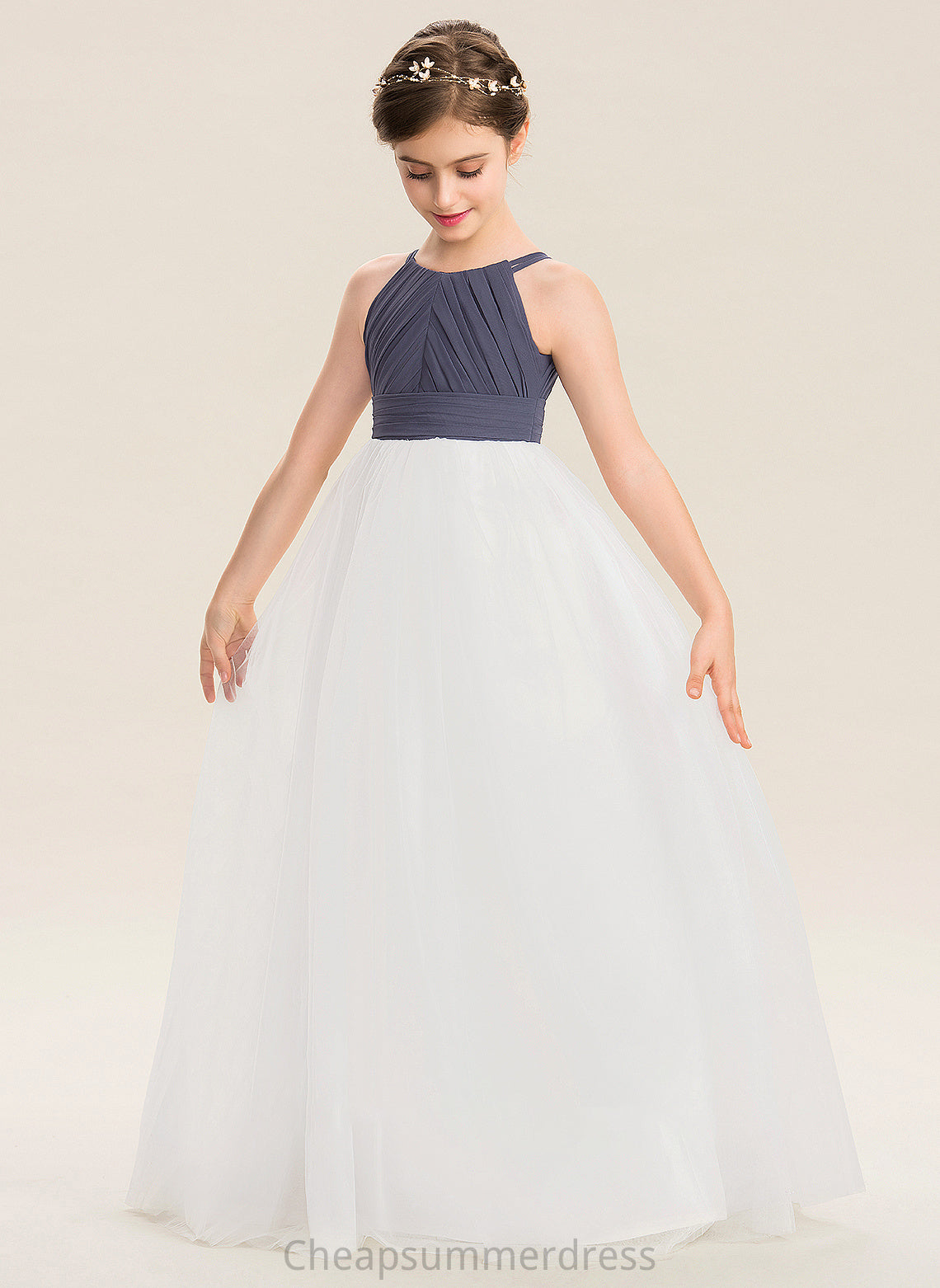 Scoop Junior Bridesmaid Dresses With Chiffon A-Line Tulle Cheryl Ruffle Floor-Length Neck