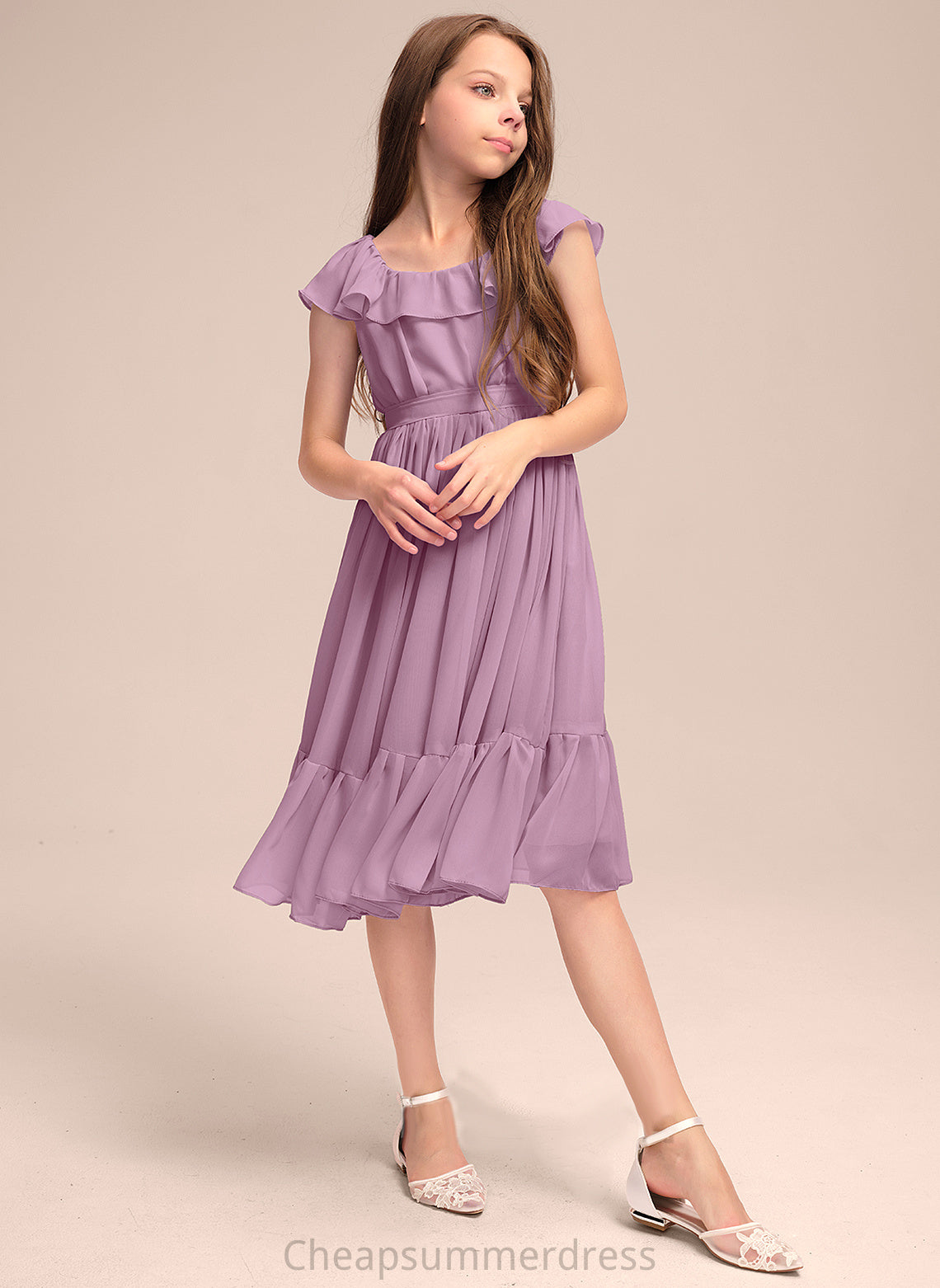 Knee-Length Ruffles Bow(s) A-Line Lorna With Neck Chiffon Junior Bridesmaid Dresses Scoop Cascading