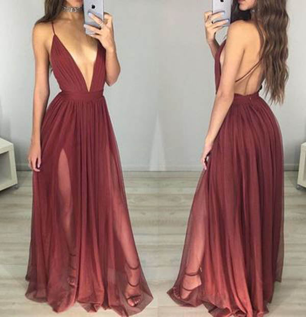 Sexy Deep V Neck Halter Tie Back Side Slit Prom Dresses