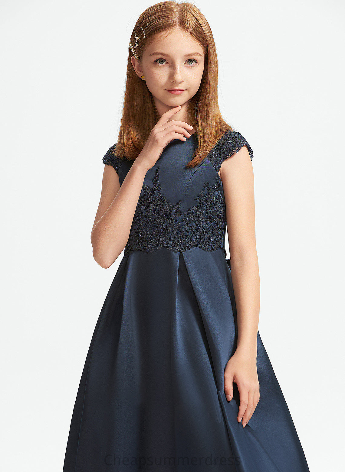 Lace Scoop With A-Line Floor-Length Satin Junior Bridesmaid Dresses Cheyenne Neck Bow(s) Beading Sequins