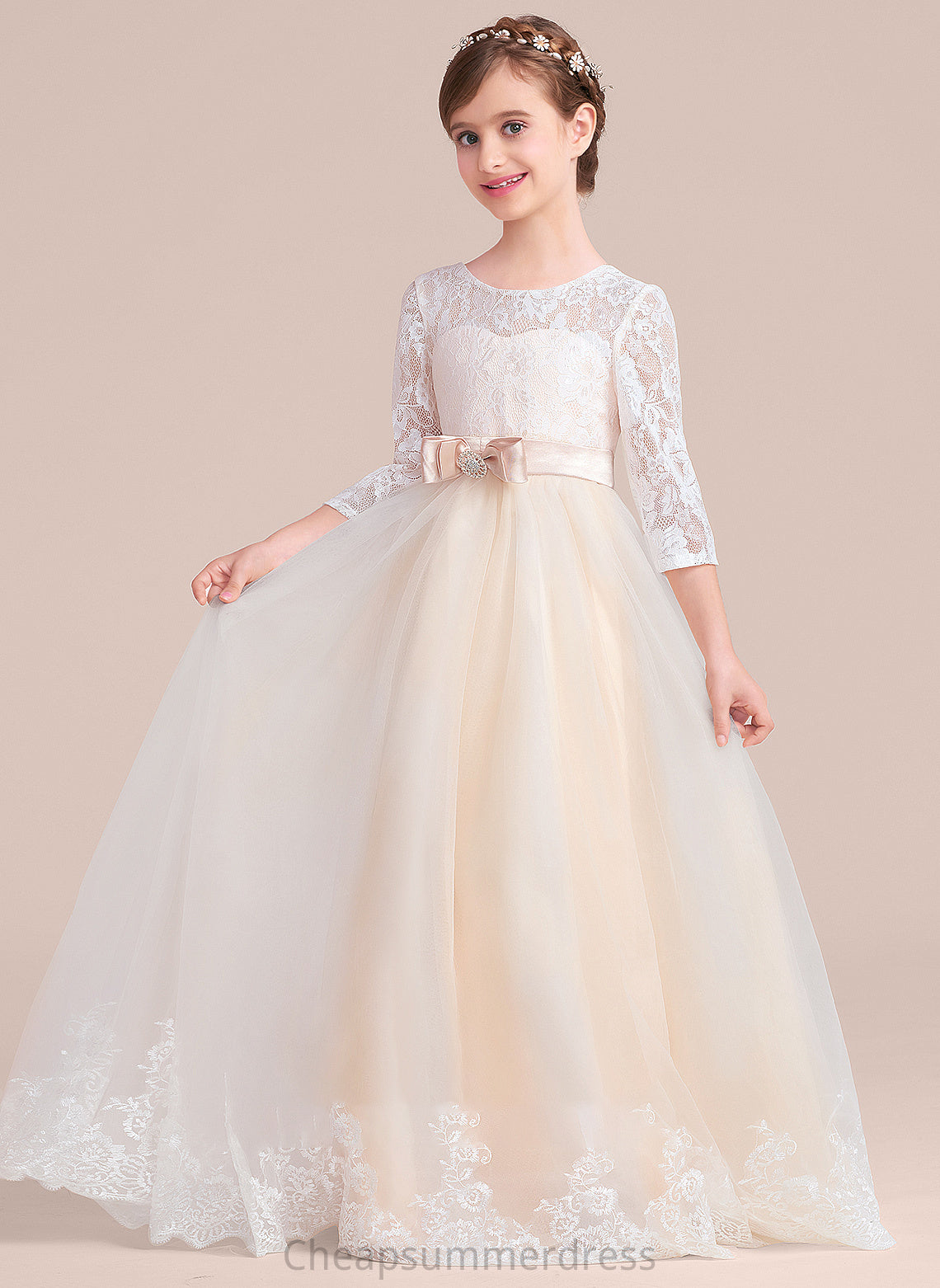 Ball-Gown/Princess Scoop Kamari With Floor-Length Junior Bridesmaid Dresses Lace Sash Beading Tulle Bow(s) Neck