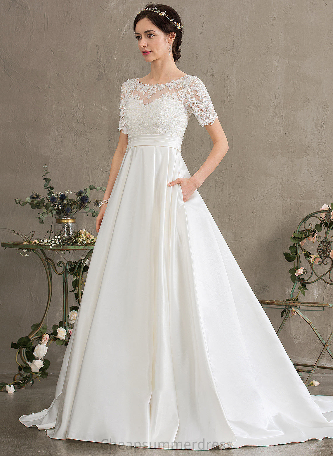 Court Sequins Train Dress Kimberly Wedding With Scoop Satin Wedding Dresses Pockets Ball-Gown/Princess Neck Beading