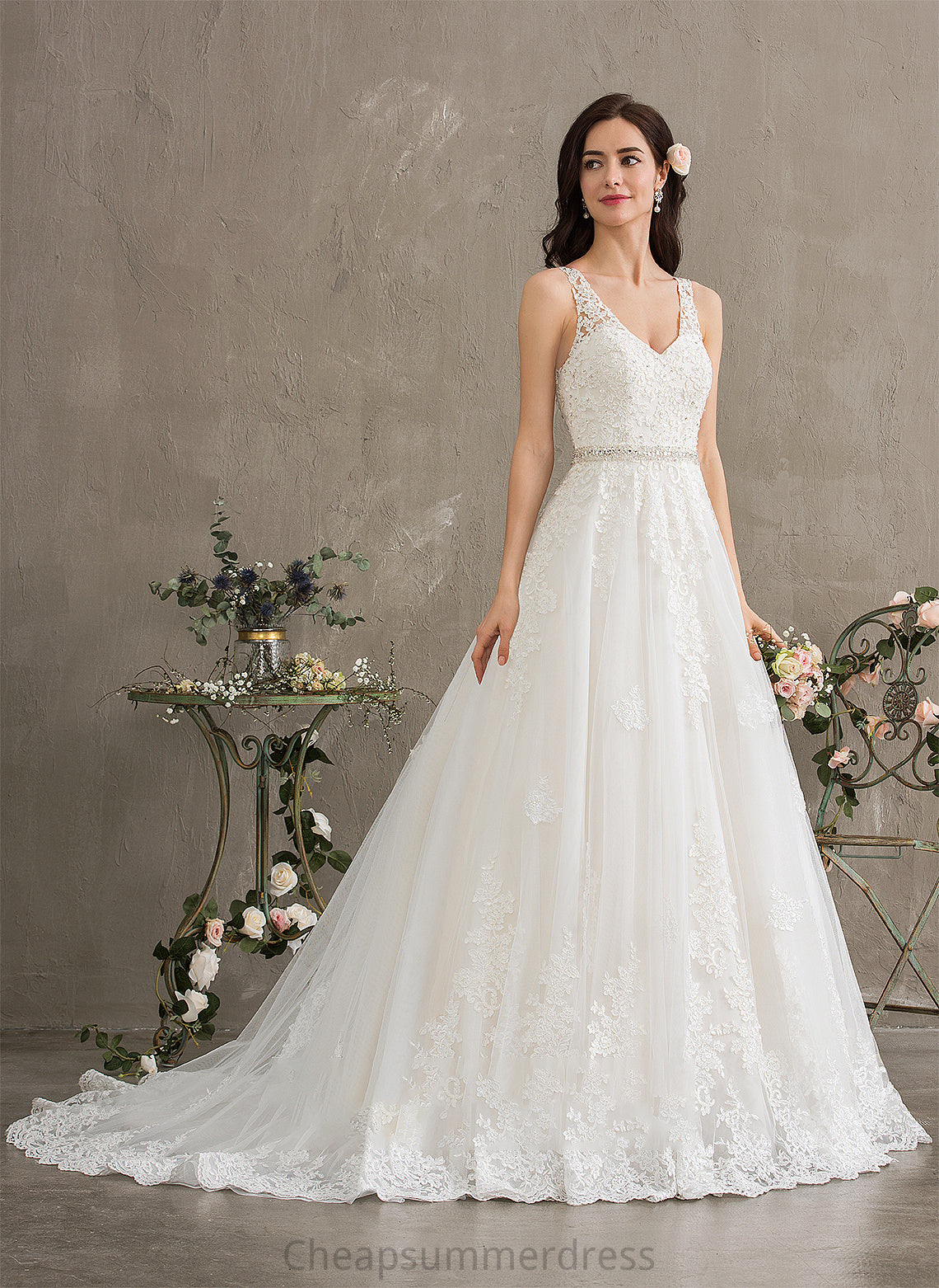 Beading With Wedding Train Dress Court V-neck Rowan Ball-Gown/Princess Tulle Sequins Wedding Dresses