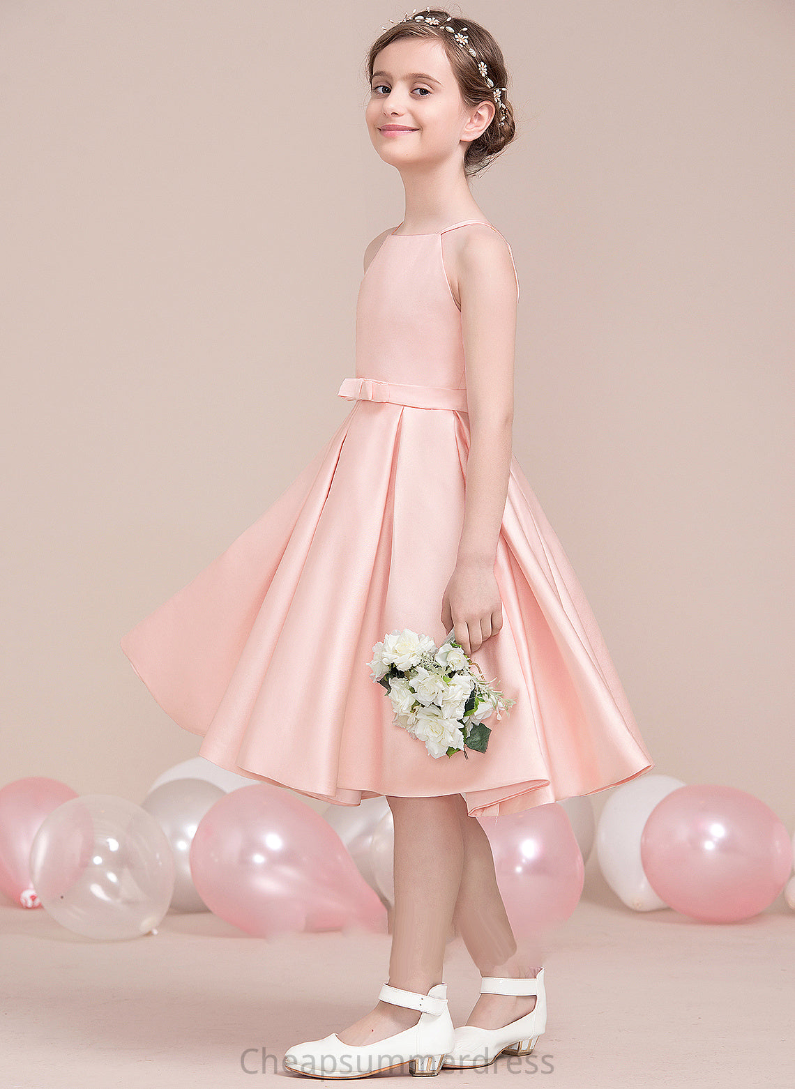 A-Line With Bow(s) Knee-Length Satin Square Jaliyah Neckline Junior Bridesmaid Dresses