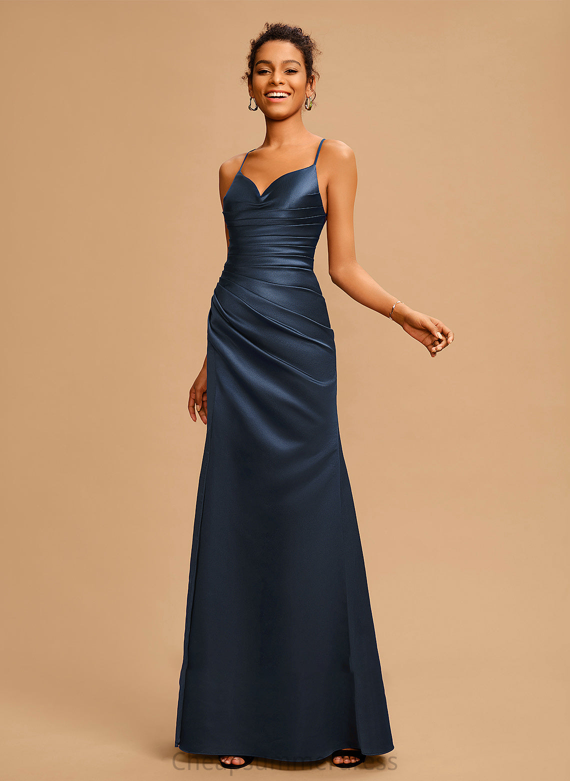 V-neck Ireland Sheath/Column Floor-Length Satin With Pleated Prom Dresses