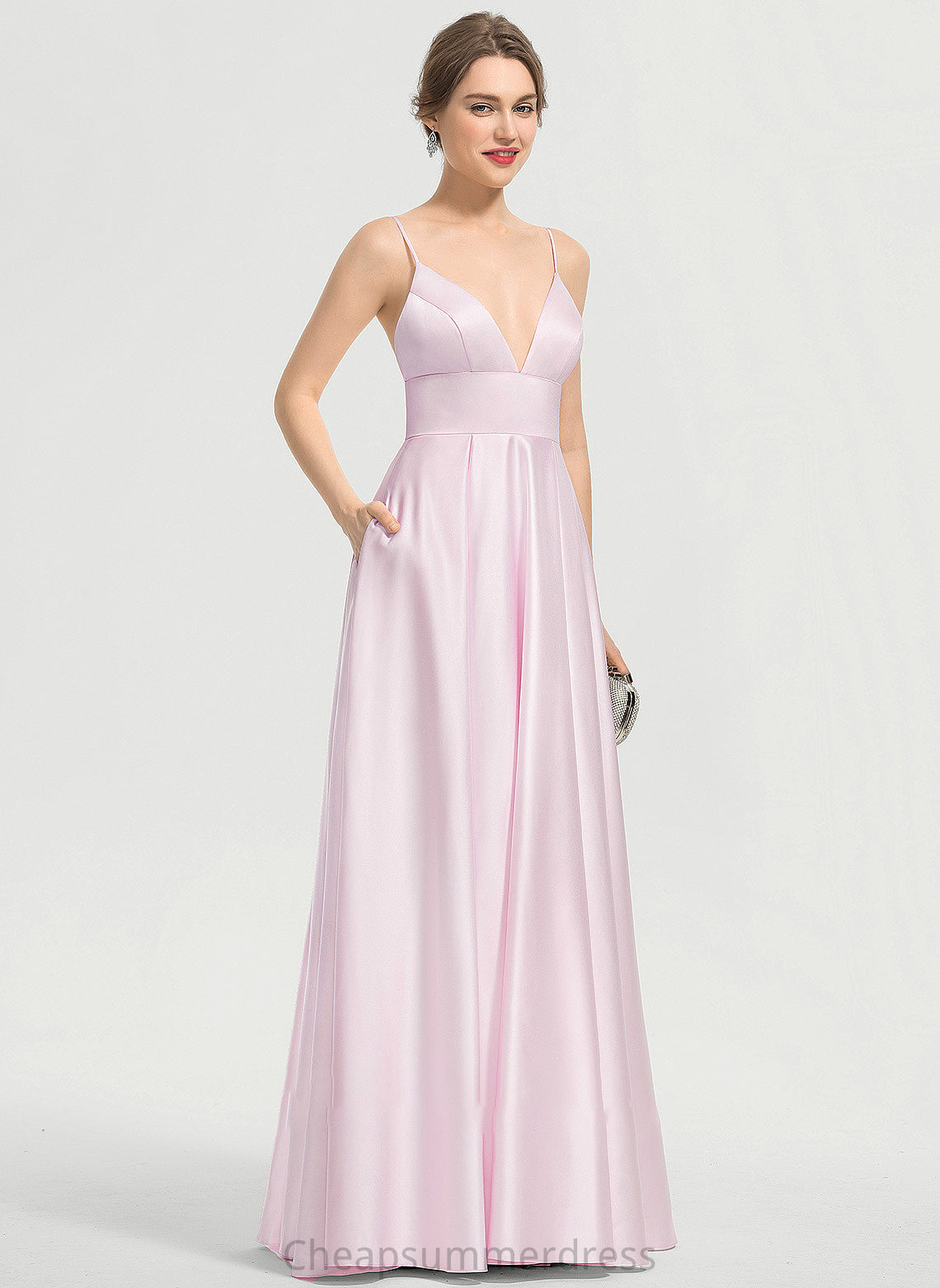 Prom Dresses V-neck Satin Pockets A-Line Floor-Length With Lisa