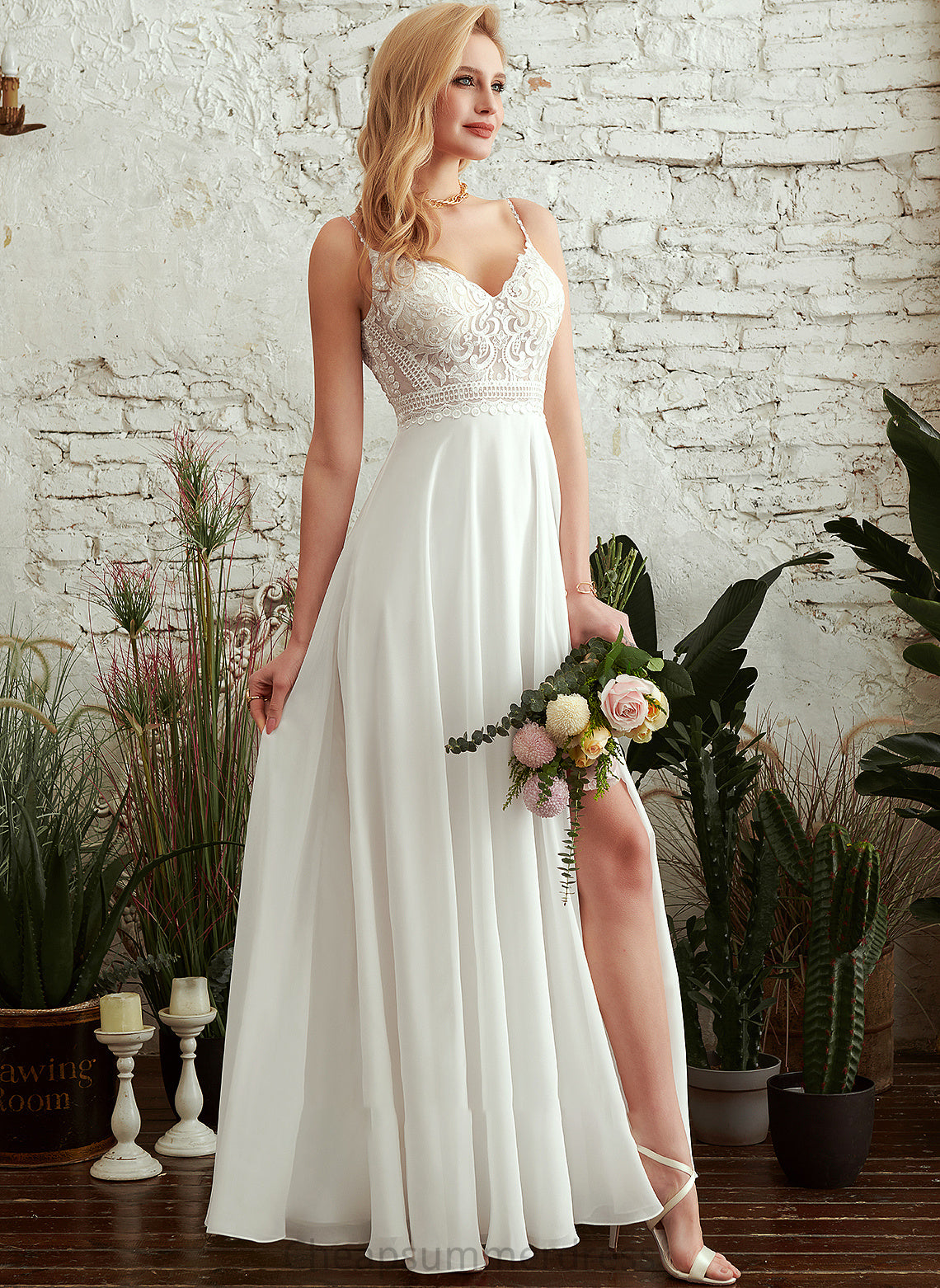 V-neck Kenzie Split Dress Front Wedding Dresses Floor-Length A-Line Wedding With