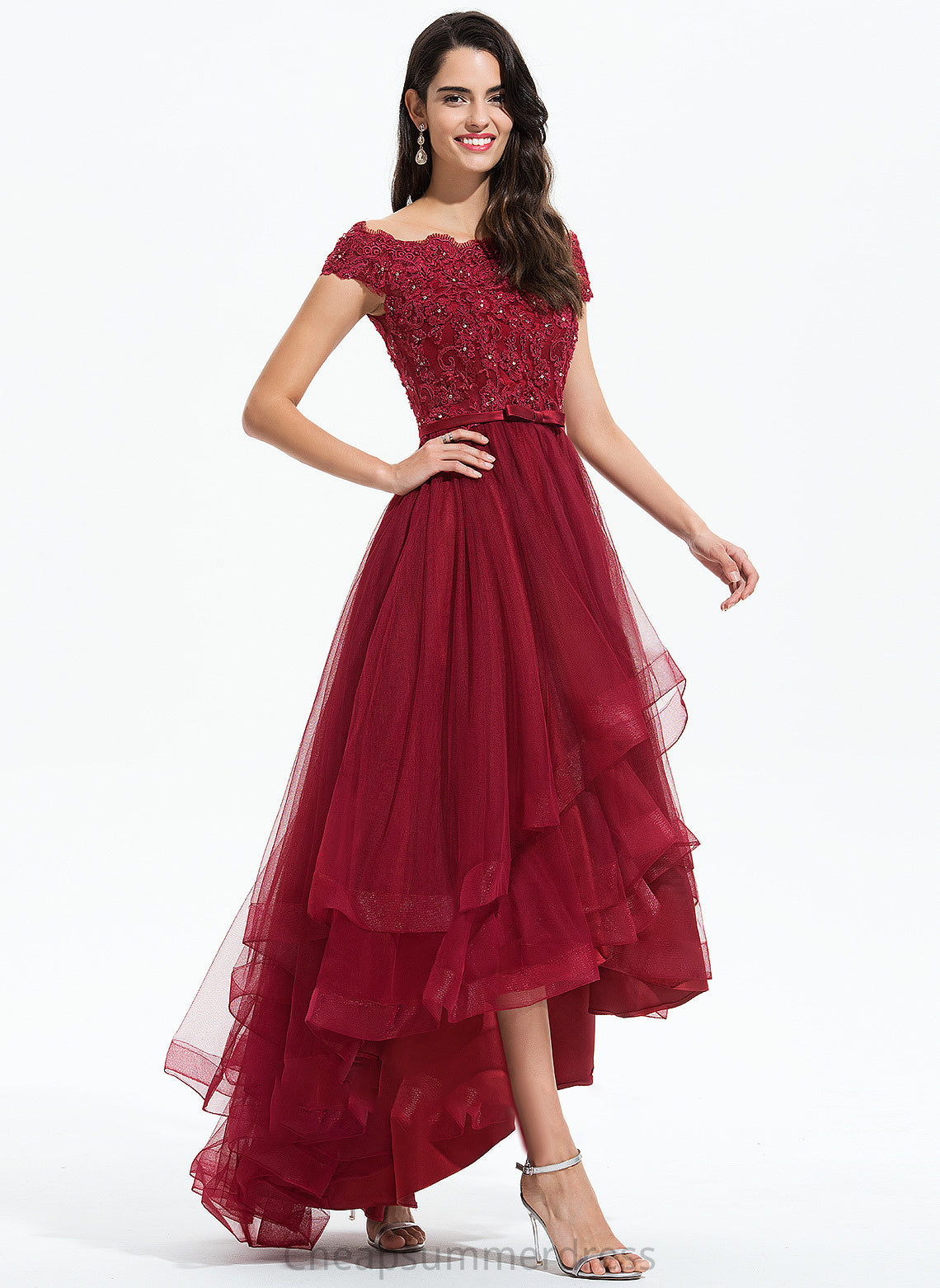 Prom Dresses Beading Brylee Bow(s) Asymmetrical Tulle Sequins With Ball-Gown/Princess Off-the-Shoulder