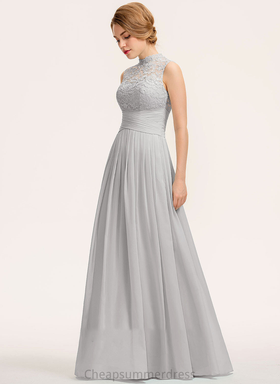 HighNeck Ruffle Fabric Neckline A-Line Embellishment Floor-Length Length Silhouette Shannon A-Line/Princess Natural Waist