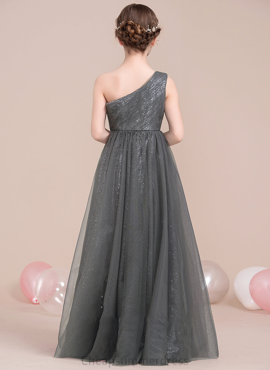 Floor-Length Ruffle Sequined With One-Shoulder Alma A-Line Junior Bridesmaid Dresses Tulle